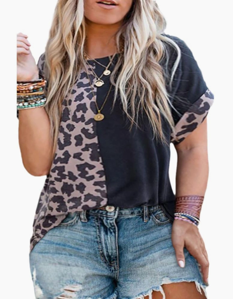 Black Half Leopard Patchwork Plus Size T-shirt