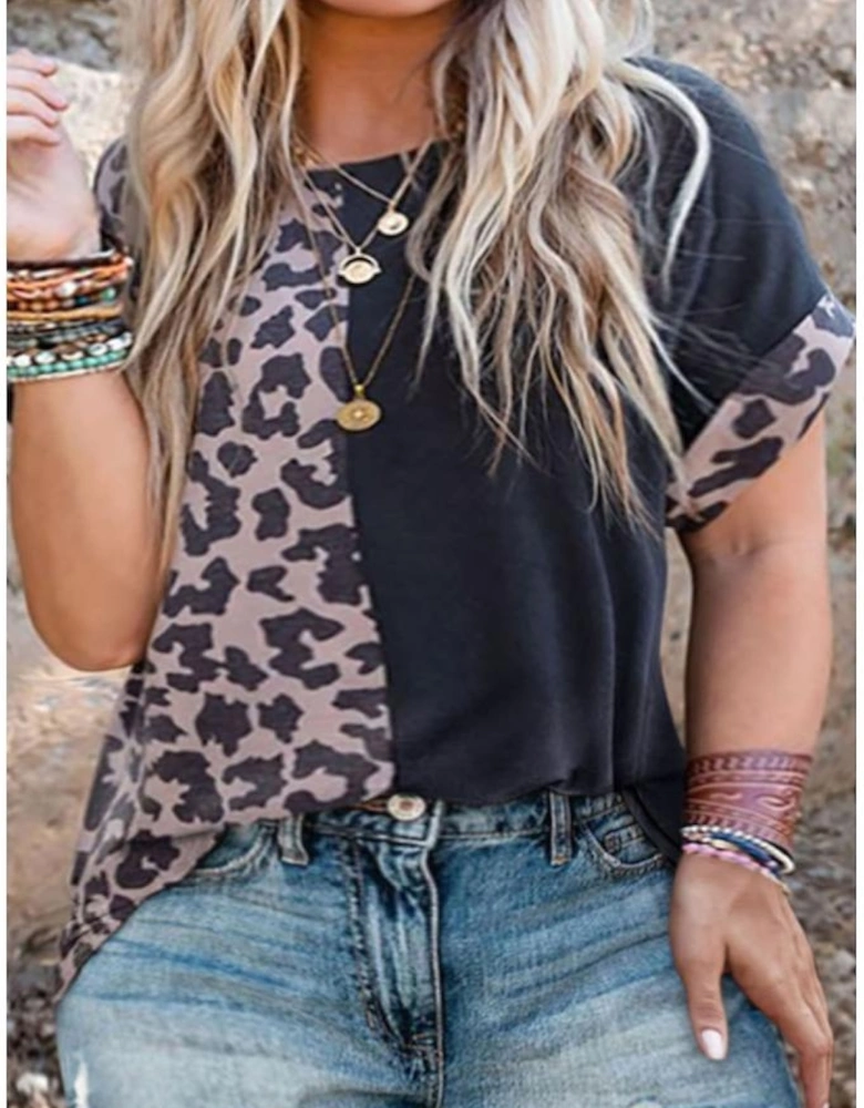 Black Half Leopard Patchwork Plus Size T-shirt