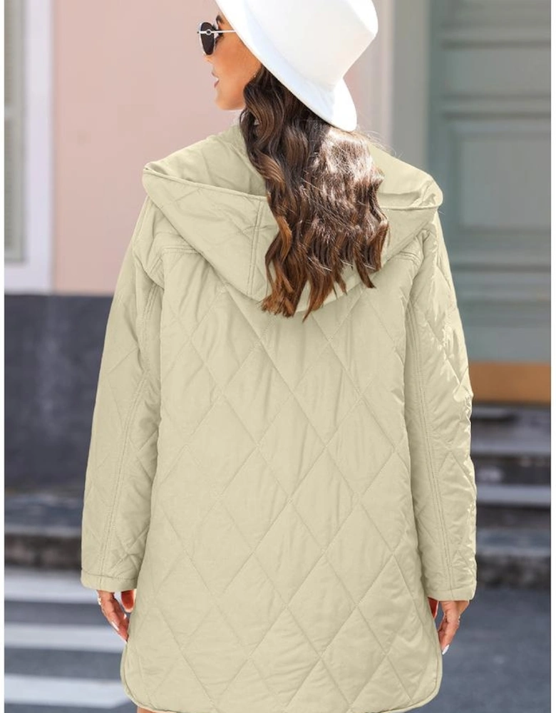 Beige Quilted Snap Button Hooded Coat