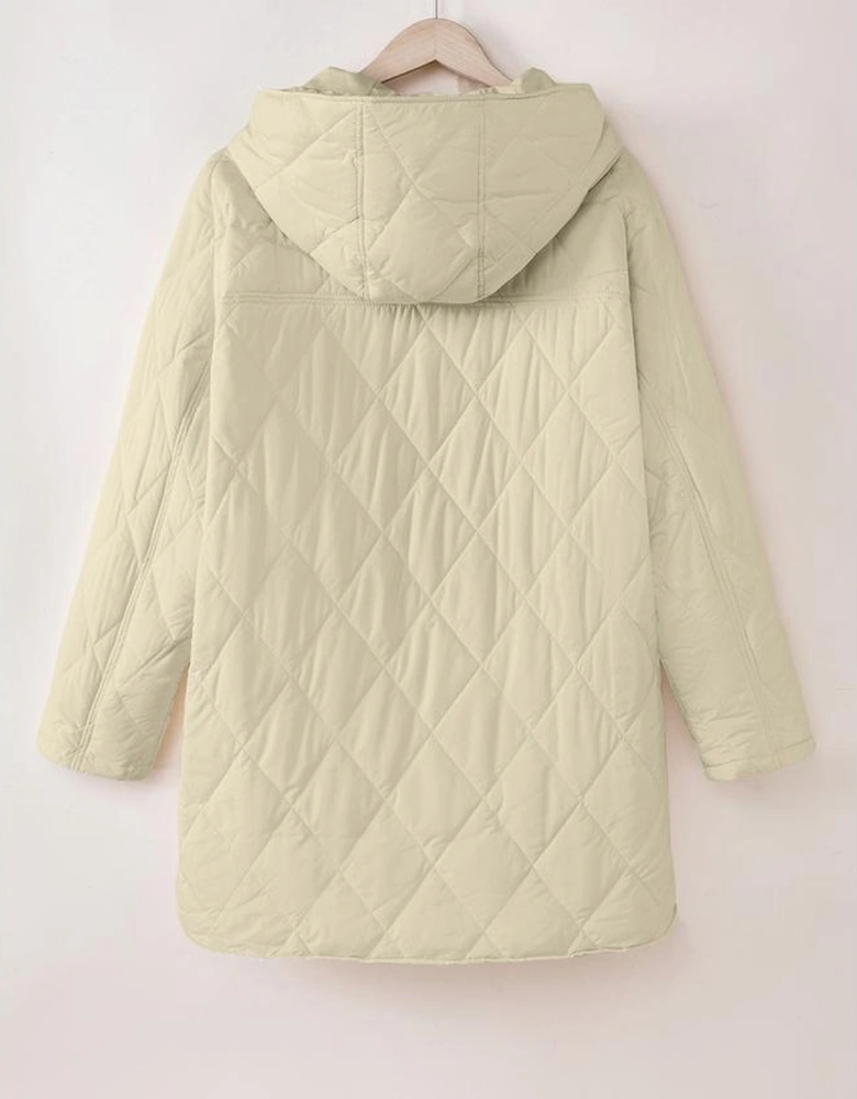 Beige Quilted Snap Button Hooded Coat
