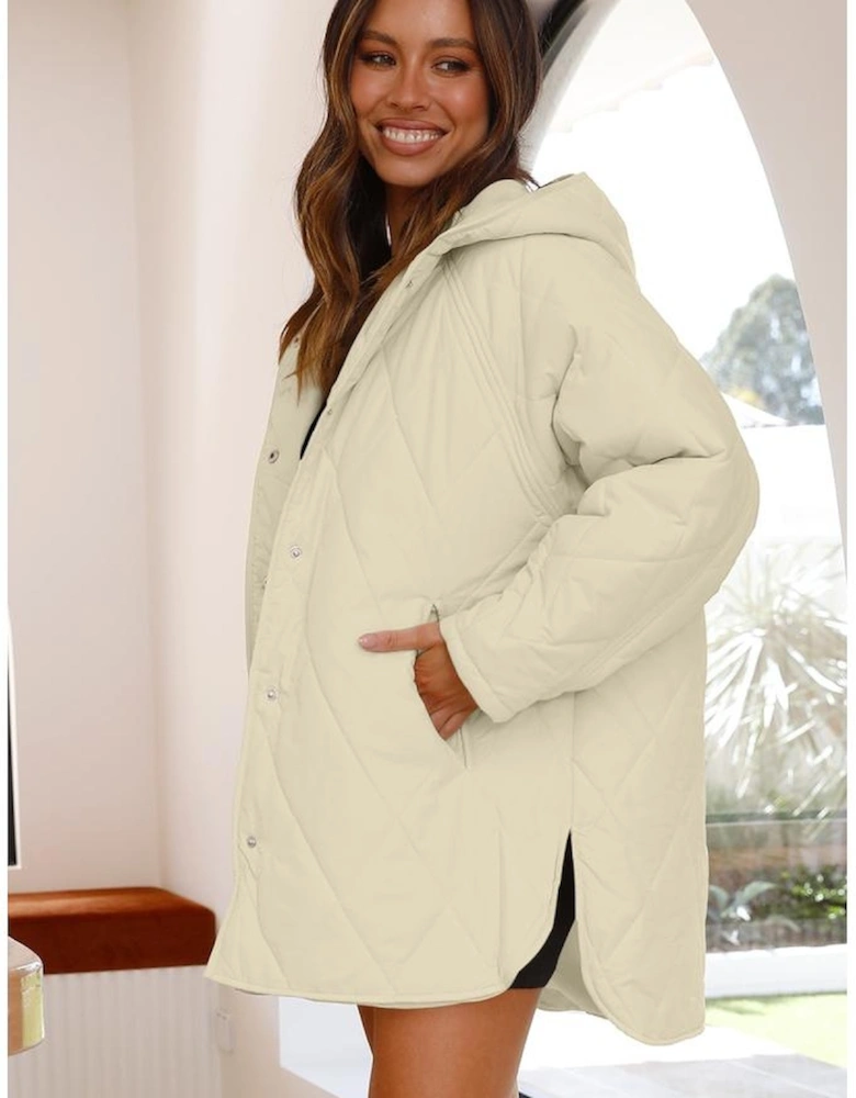 Beige Quilted Snap Button Hooded Coat