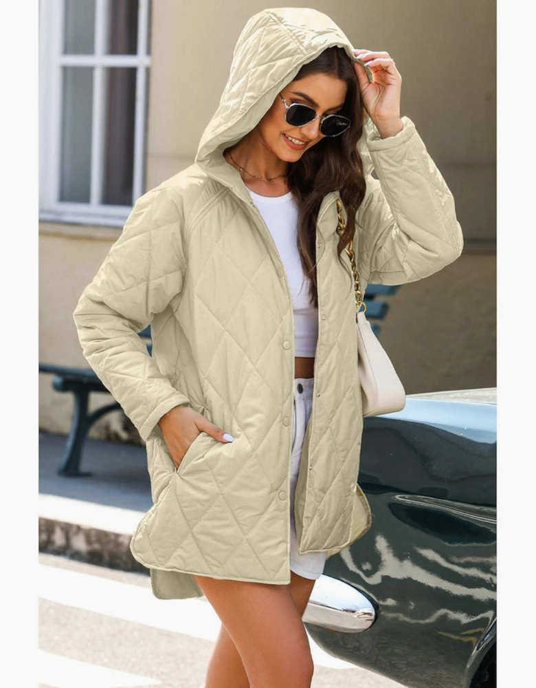 Beige Quilted Snap Button Hooded Coat
