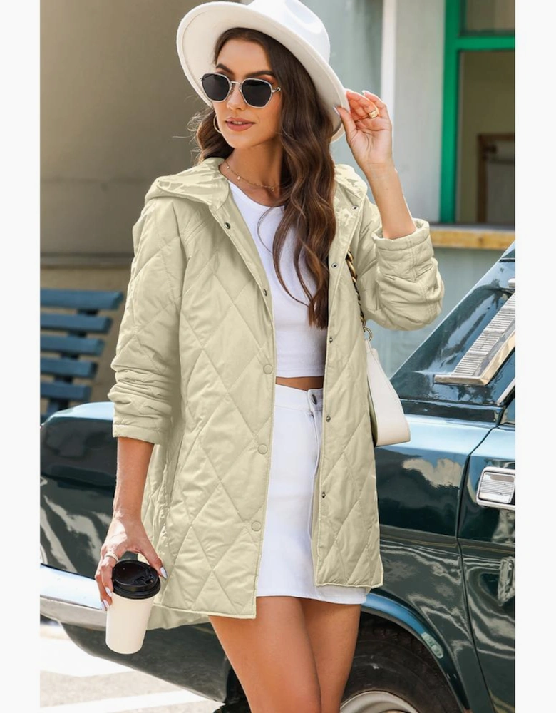 Beige Quilted Snap Button Hooded Coat