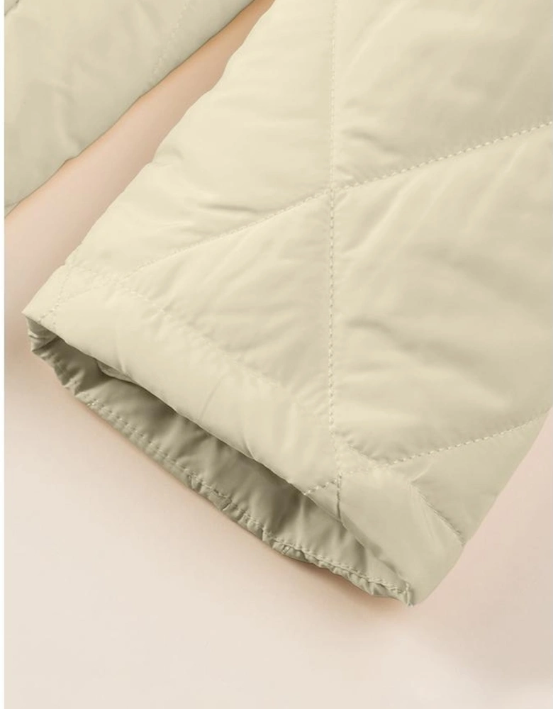 Beige Quilted Snap Button Hooded Coat