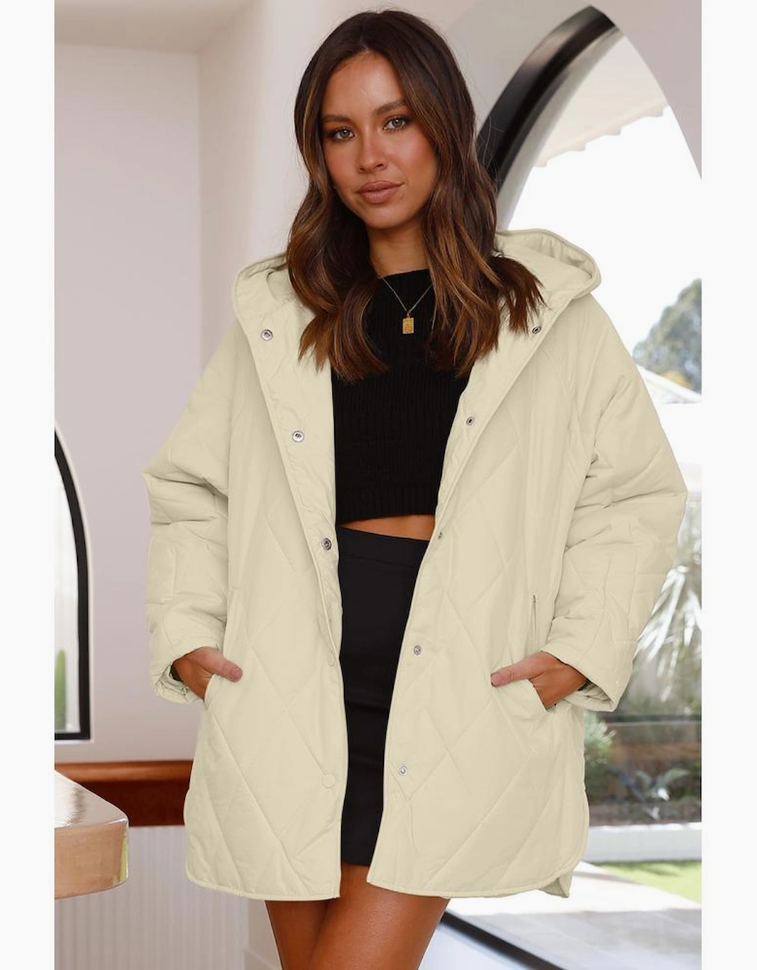 Beige Quilted Snap Button Hooded Coat