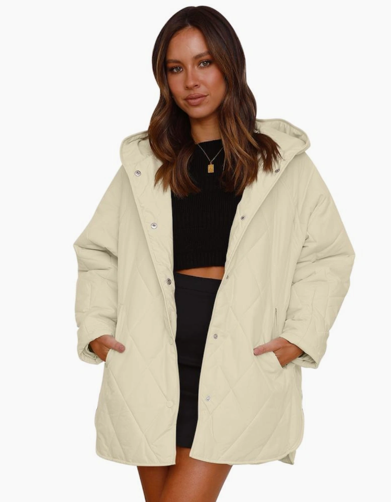 Beige Quilted Snap Button Hooded Coat