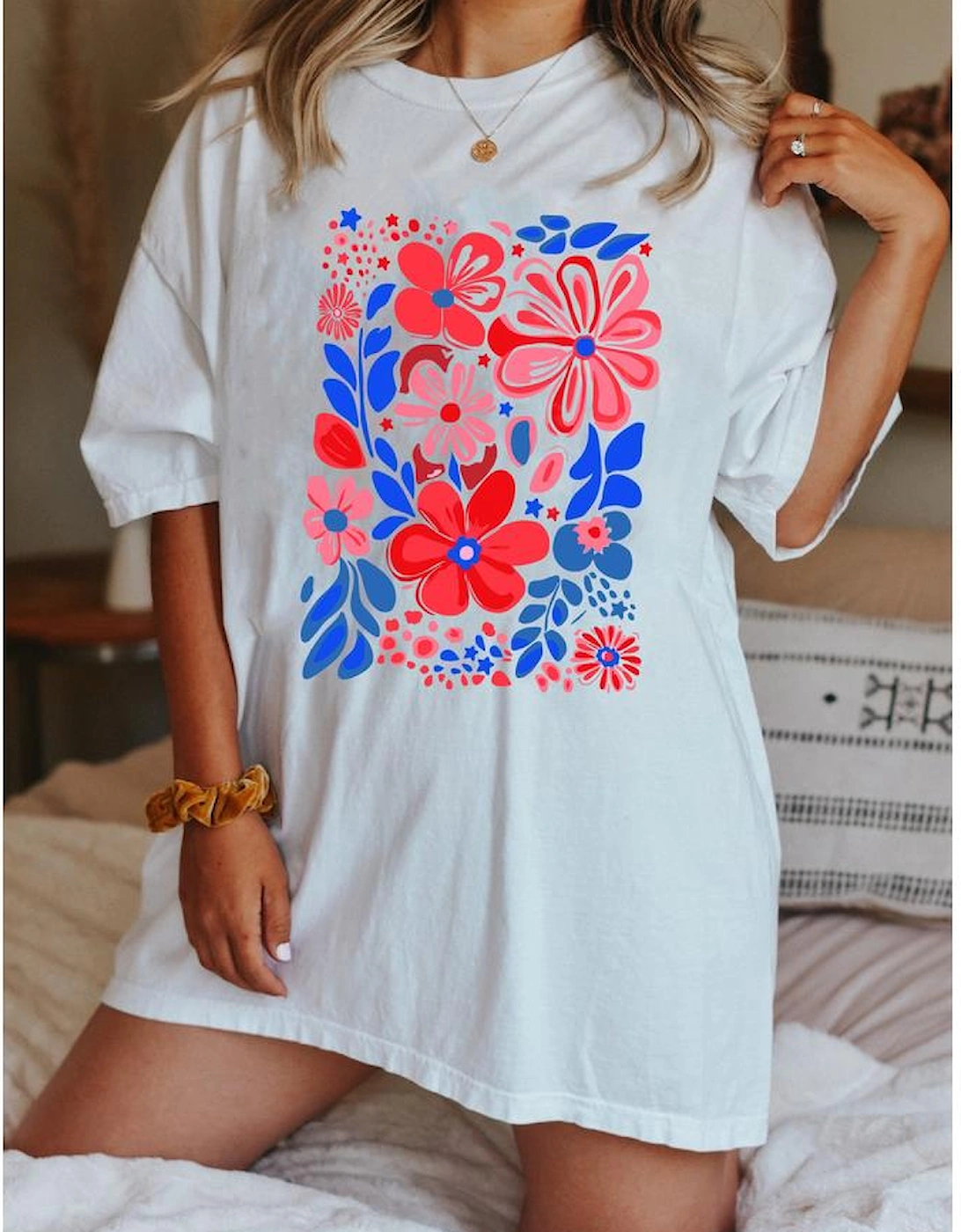 White Floral Print Half Sleeve Round Neck Oversized Tee, 5 of 4