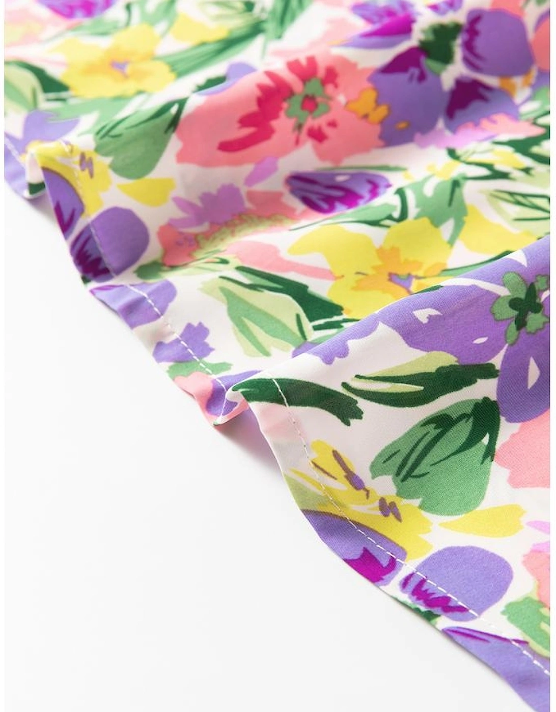 Purple Floral Print Puff Short Sleeve Crew Neck Blouse