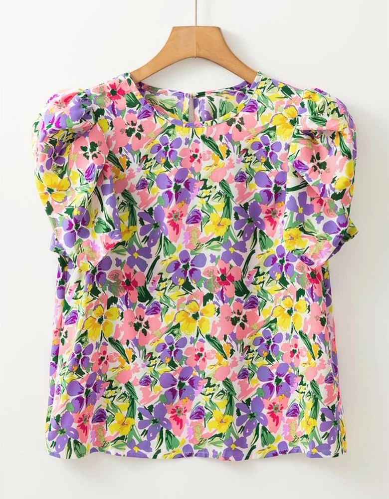 Purple Floral Print Puff Short Sleeve Crew Neck Blouse