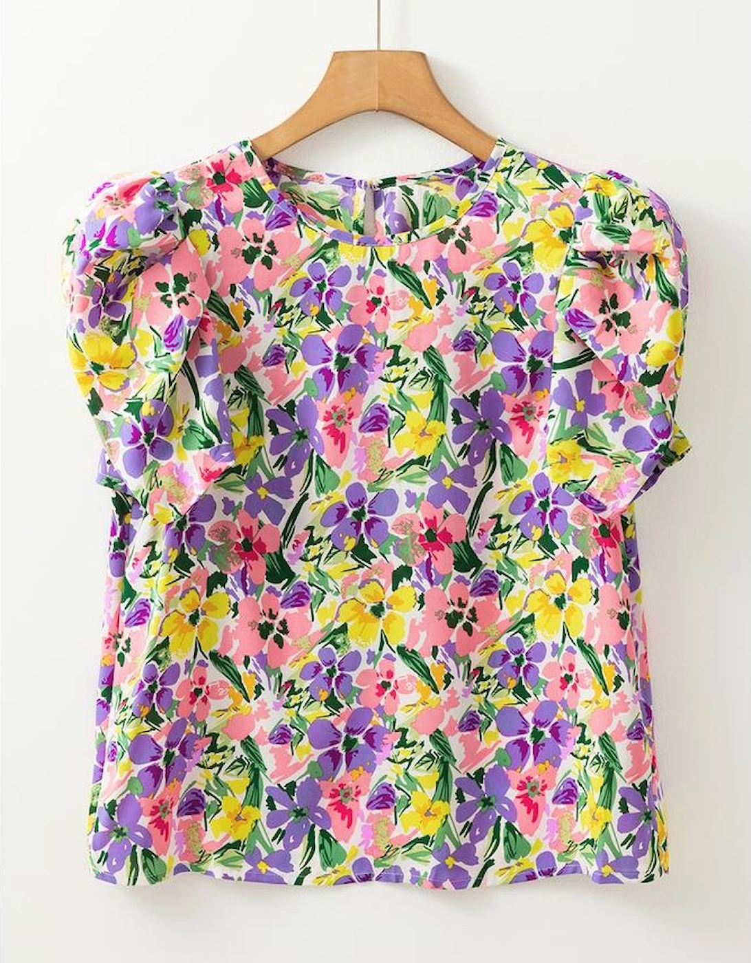 Purple Floral Print Puff Short Sleeve Crew Neck Blouse