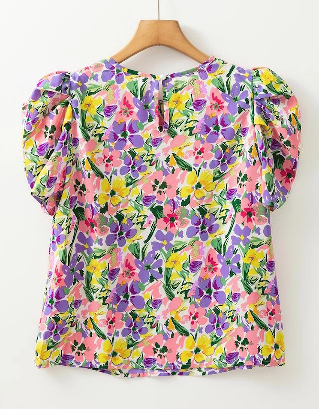 Purple Floral Print Puff Short Sleeve Crew Neck Blouse