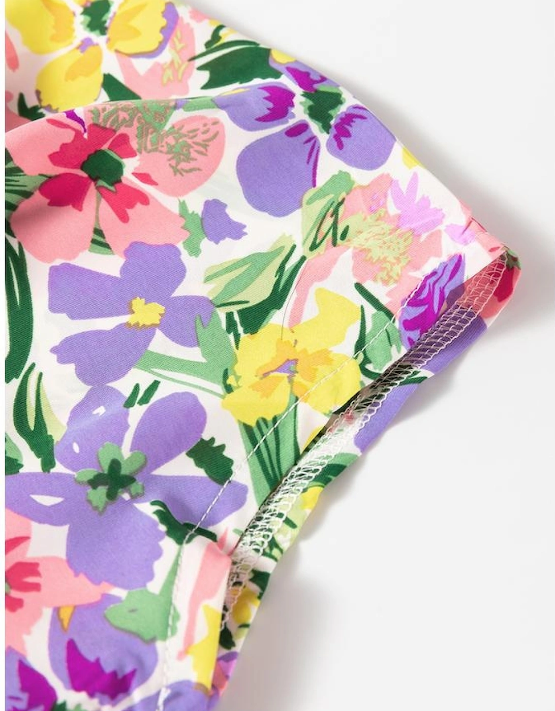 Purple Floral Print Puff Short Sleeve Crew Neck Blouse