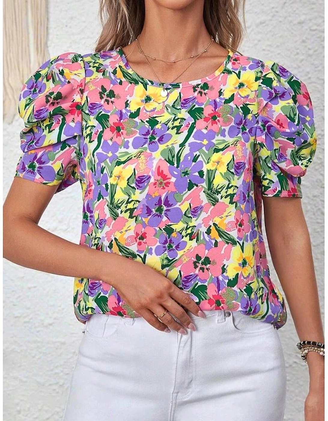 Purple Floral Print Puff Short Sleeve Crew Neck Blouse