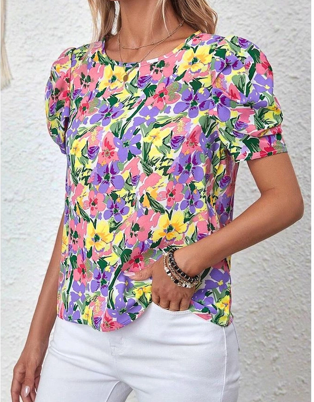 Purple Floral Print Puff Short Sleeve Crew Neck Blouse