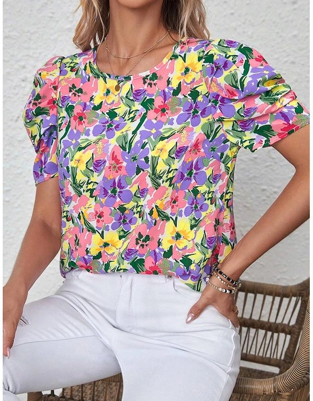 Purple Floral Print Puff Short Sleeve Crew Neck Blouse