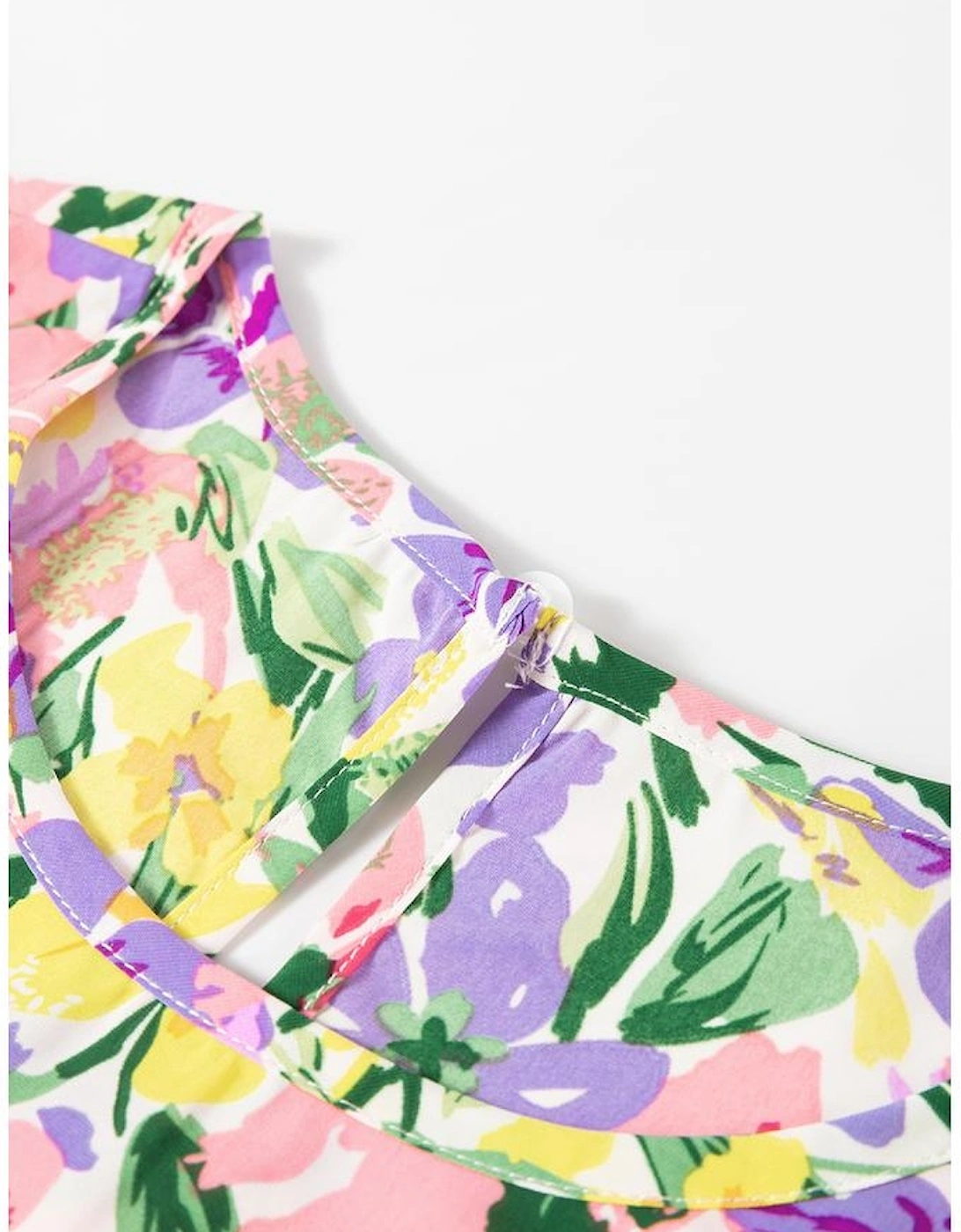 Purple Floral Print Puff Short Sleeve Crew Neck Blouse