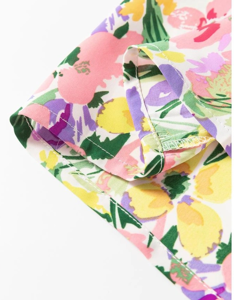 Purple Floral Print Puff Short Sleeve Crew Neck Blouse