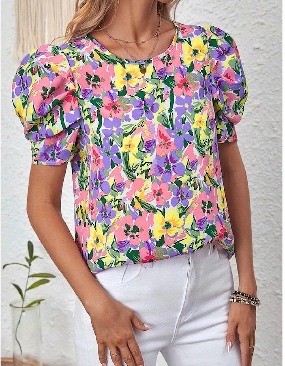 Purple Floral Print Puff Short Sleeve Crew Neck Blouse