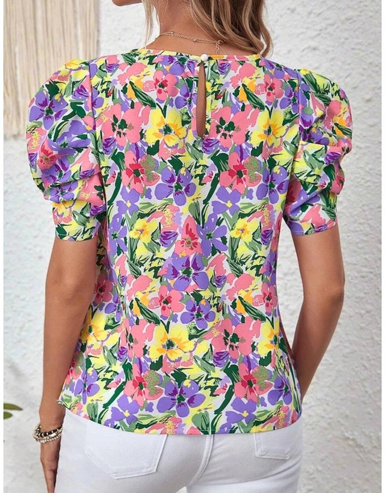 Purple Floral Print Puff Short Sleeve Crew Neck Blouse