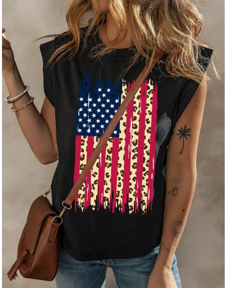 Black Leopard US Flag Printed Sleeveless Cotton Top