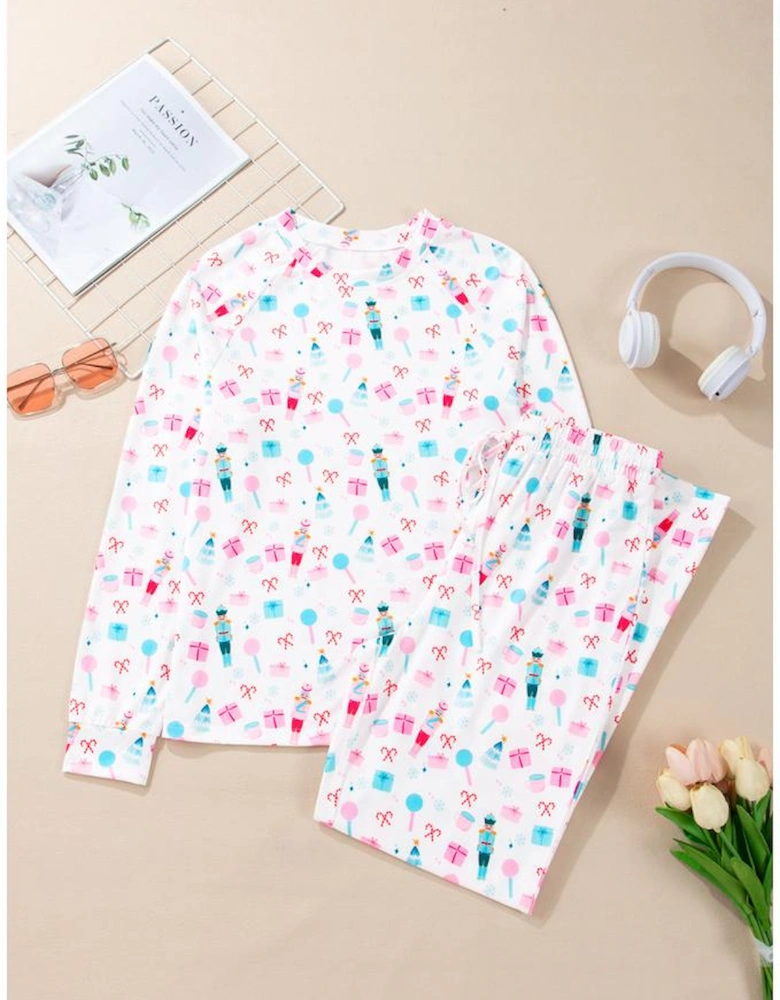 White Christmas Pattern Long Sleeve Top and Wide Leg Pants Set