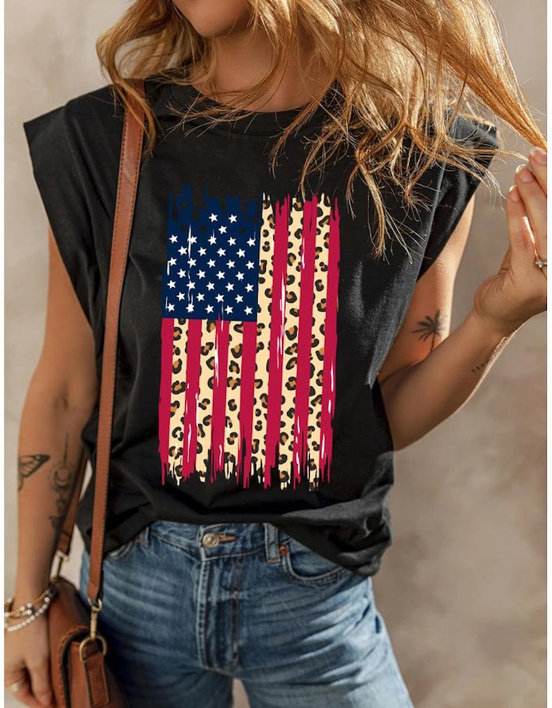 Black Leopard US Flag Printed Sleeveless Cotton Top