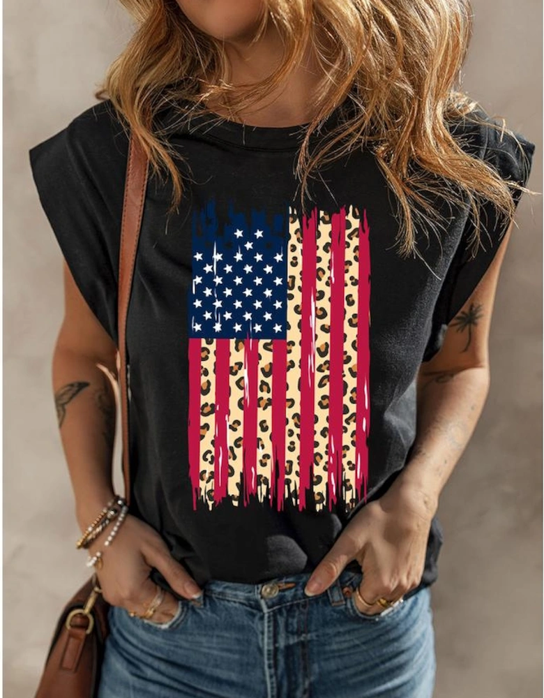 Black Leopard US Flag Printed Sleeveless Cotton Top