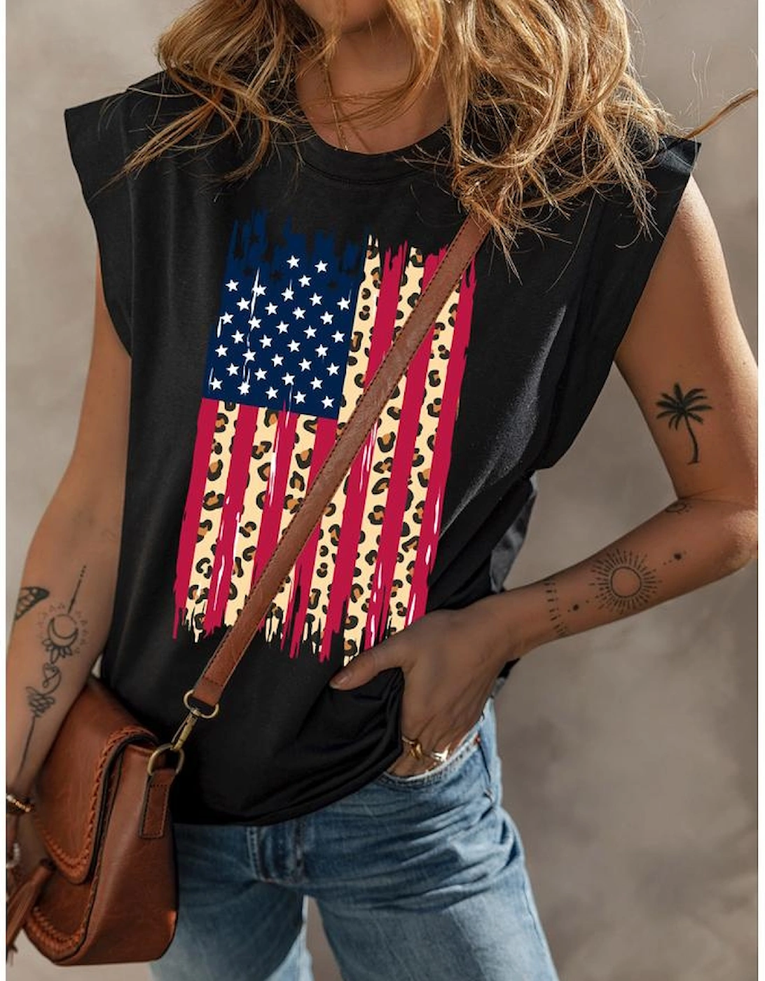 Black Leopard US Flag Printed Sleeveless Cotton Top