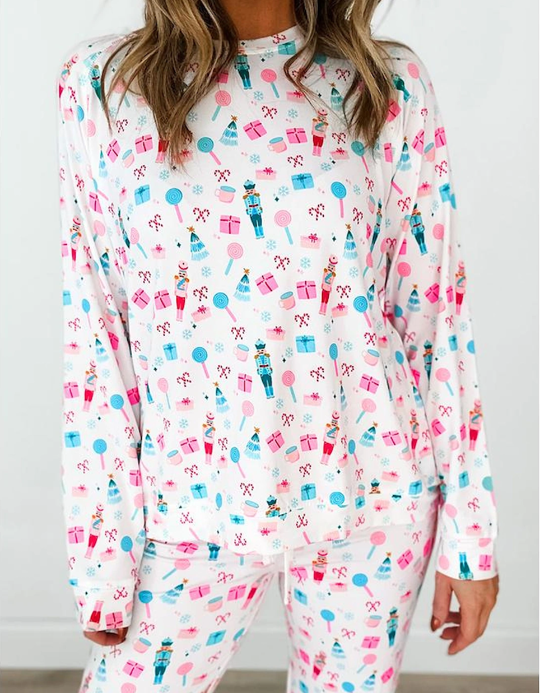 White Christmas Pattern Long Sleeve Top and Wide Leg Pants Set