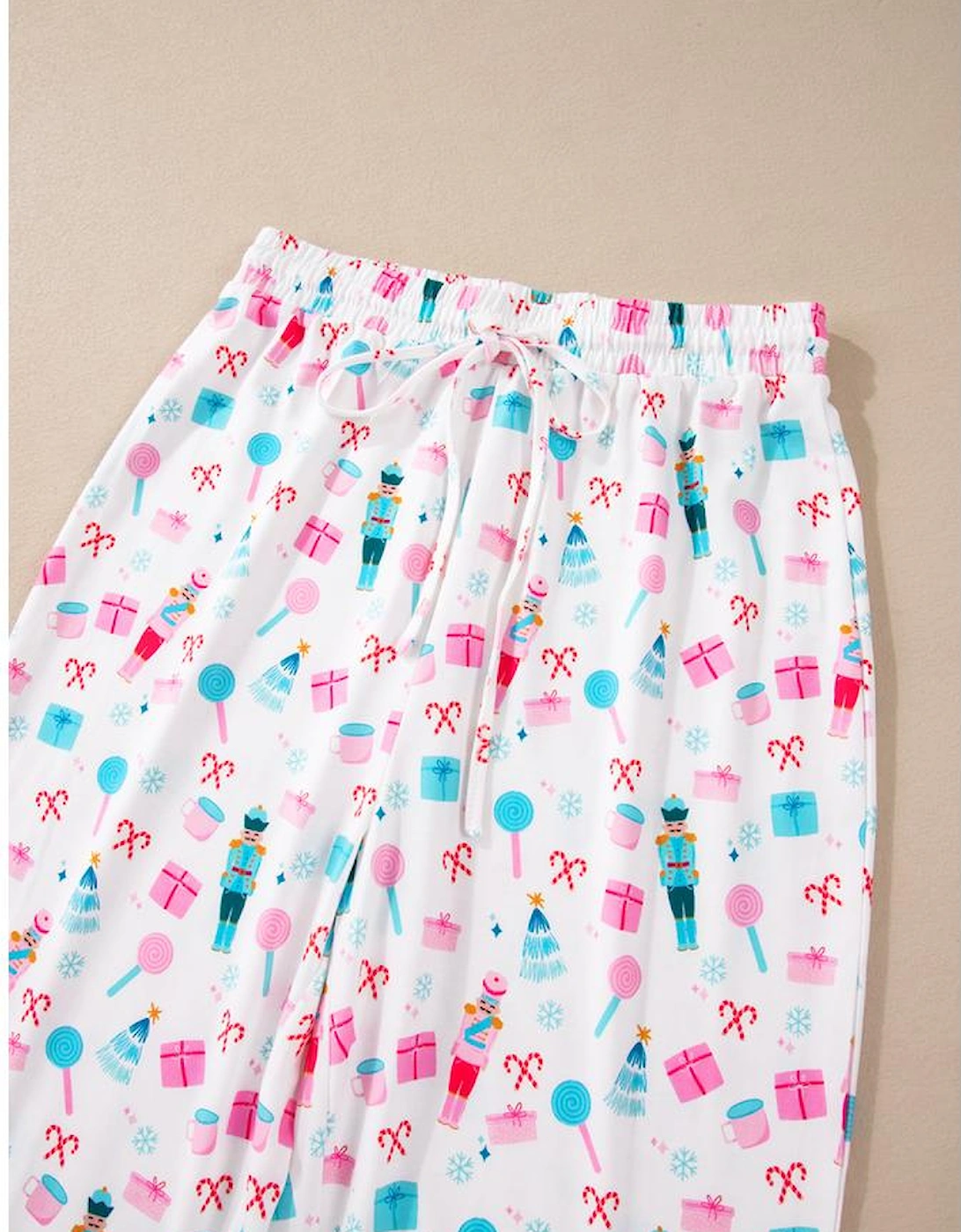 White Christmas Pattern Long Sleeve Top and Wide Leg Pants Set