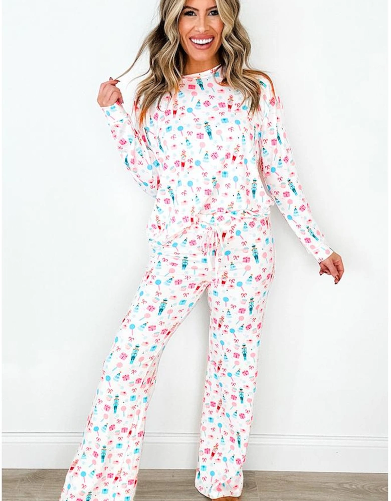 White Christmas Pattern Long Sleeve Top and Wide Leg Pants Set