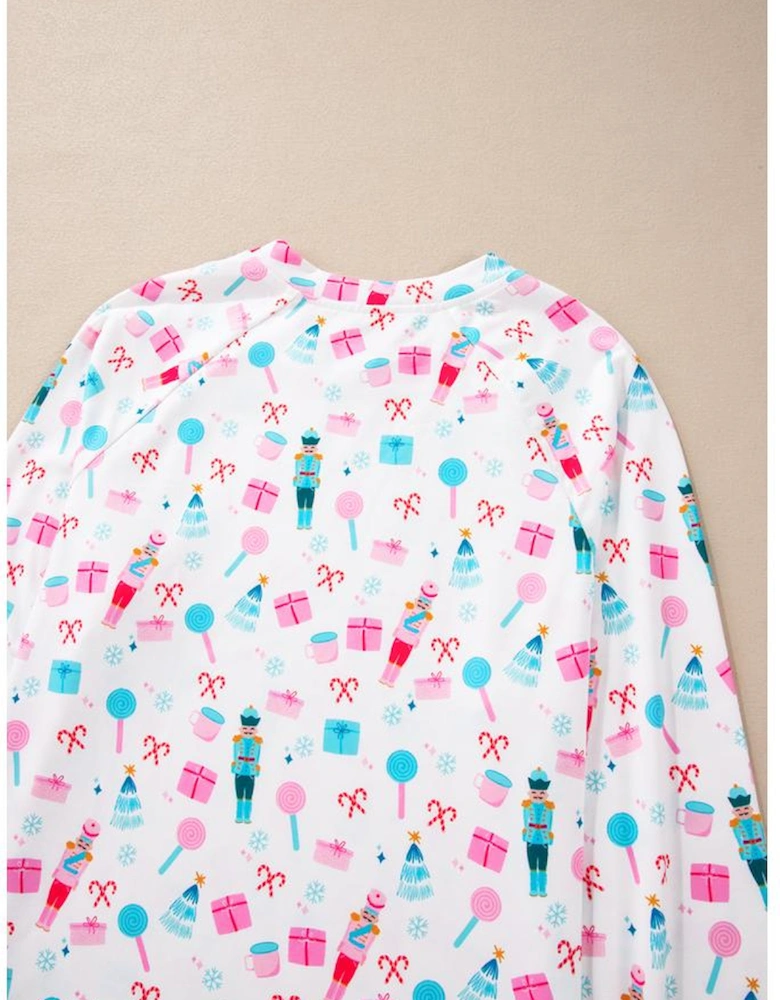 White Christmas Pattern Long Sleeve Top and Wide Leg Pants Set