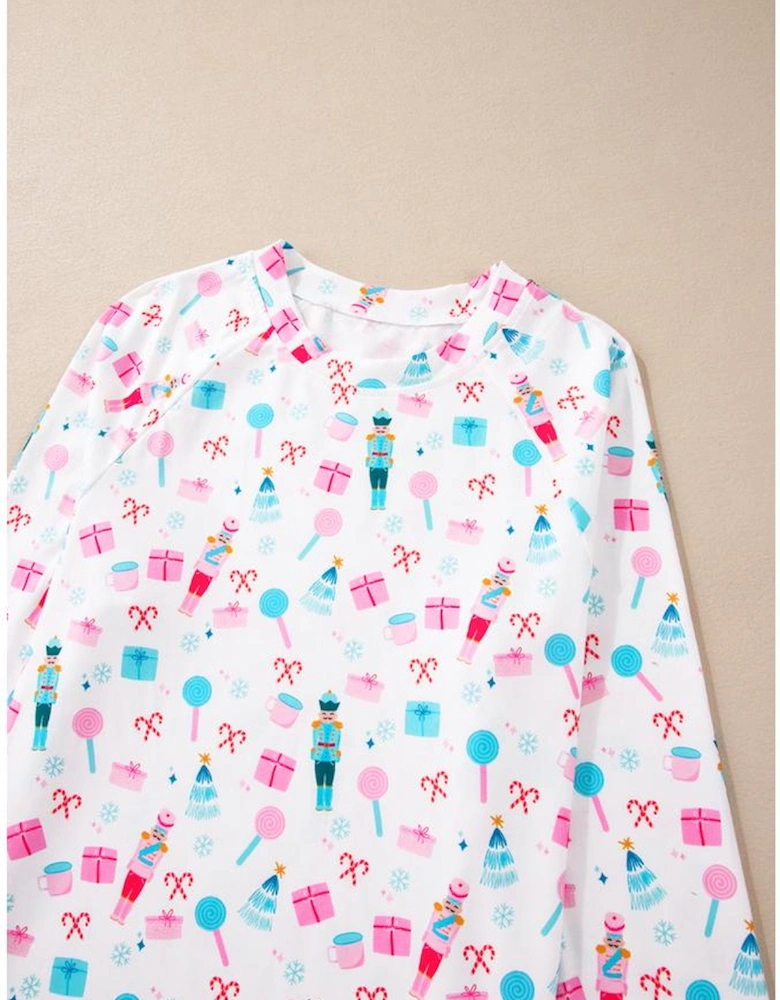 White Christmas Pattern Long Sleeve Top and Wide Leg Pants Set