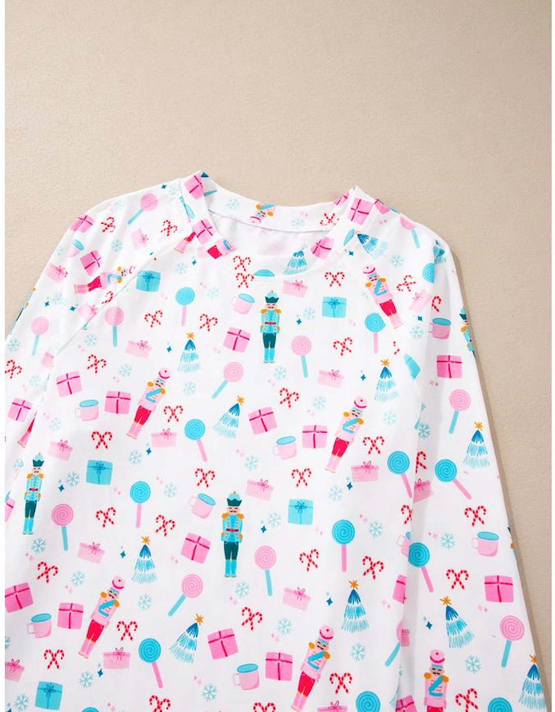 White Christmas Pattern Long Sleeve Top and Wide Leg Pants Set