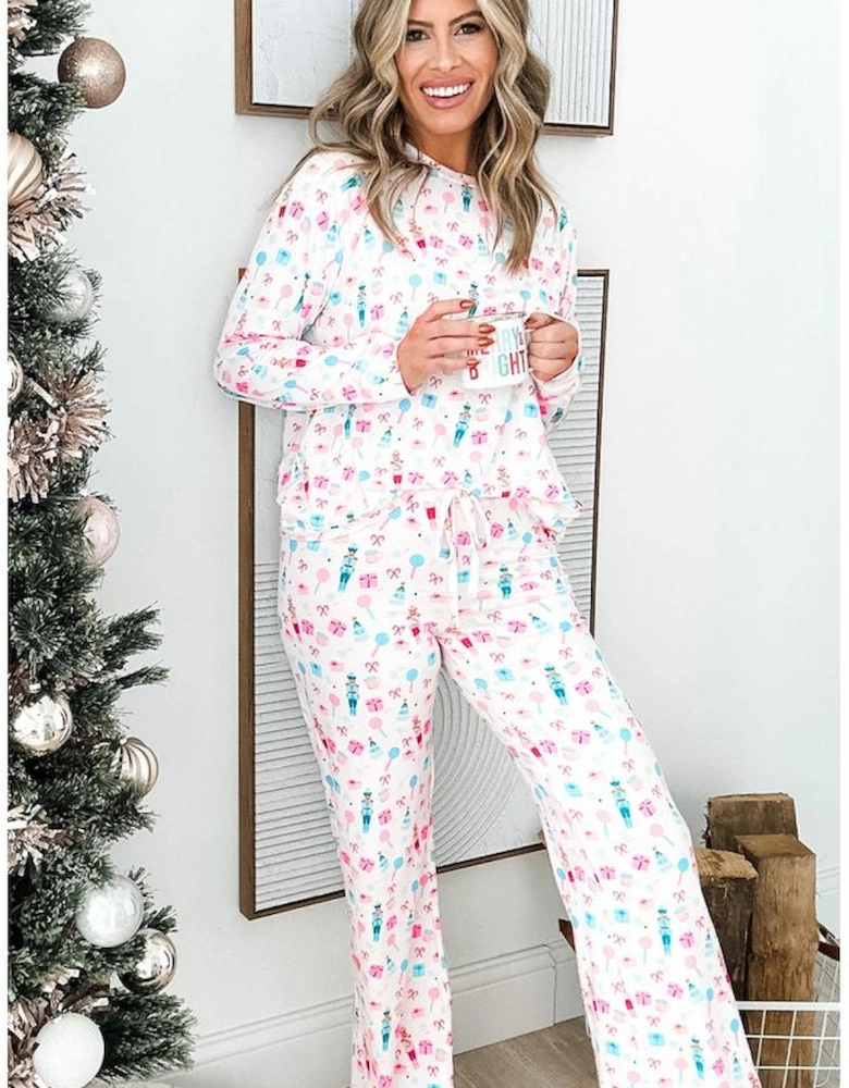 White Christmas Pattern Long Sleeve Top and Wide Leg Pants Set