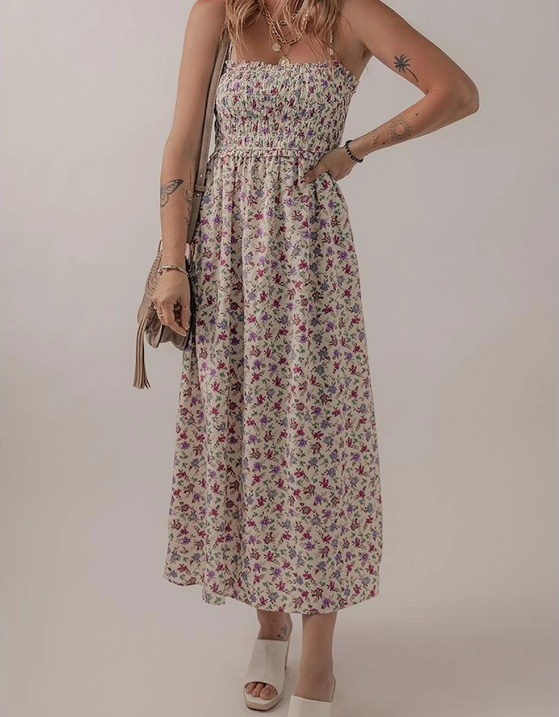 Multicolour Bohemian Ditsy Floral Smocked Fit Flare Sundress