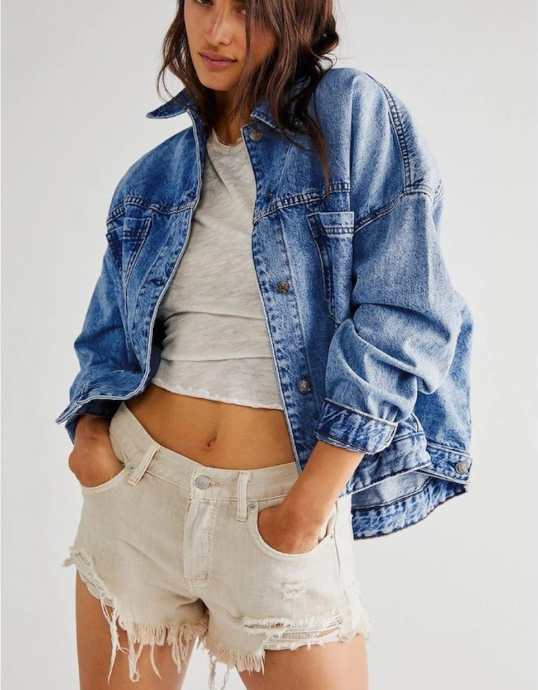 Dark Blue Washed Oversize Pocketed Denim Jacket