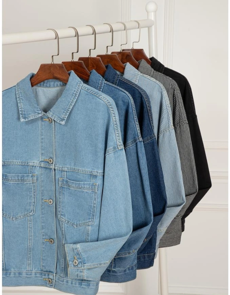 Dark Blue Washed Oversize Pocketed Denim Jacket