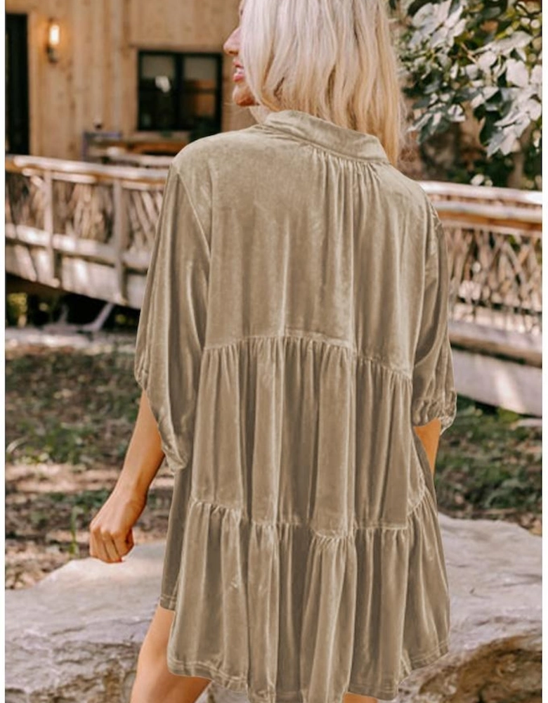 Azura Exchange Pale Khaki 3/4 Sleeve Tunic Babydoll Velvet Shirt