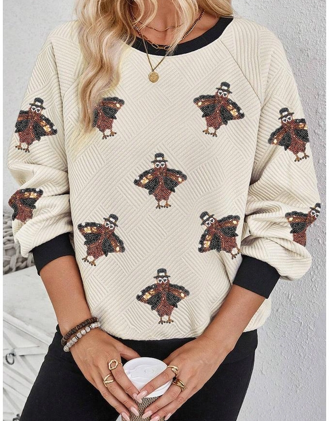 Jet Stream Textured Colorblock Edge Sequin Turkey Graphic Long Sleeve Top, 6 of 5