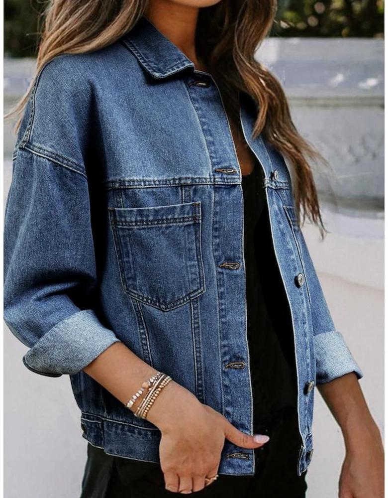Dark Blue Washed Oversize Pocketed Denim Jacket