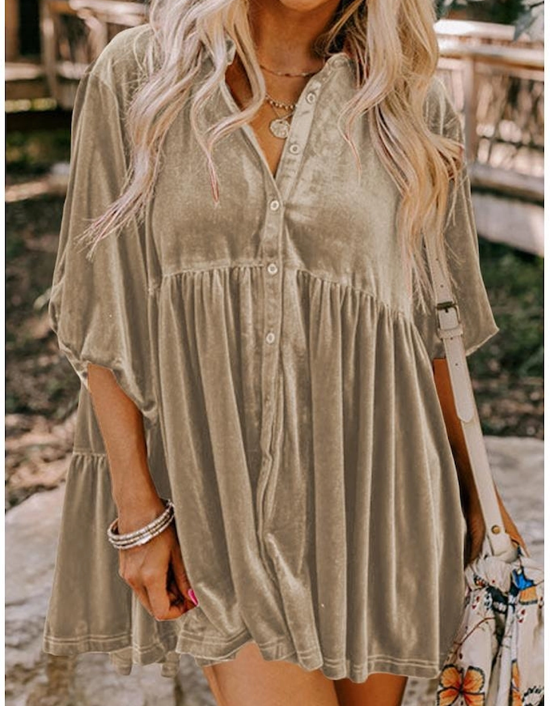 Azura Exchange Pale Khaki 3/4 Sleeve Tunic Babydoll Velvet Shirt