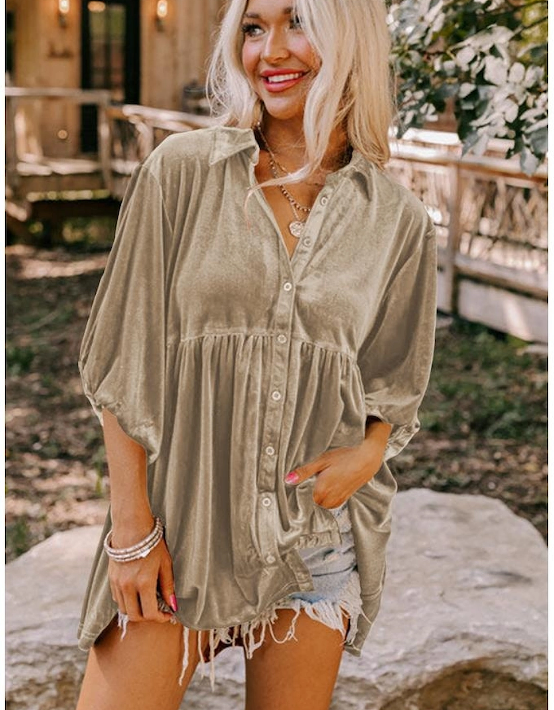 Azura Exchange Pale Khaki 3/4 Sleeve Tunic Babydoll Velvet Shirt