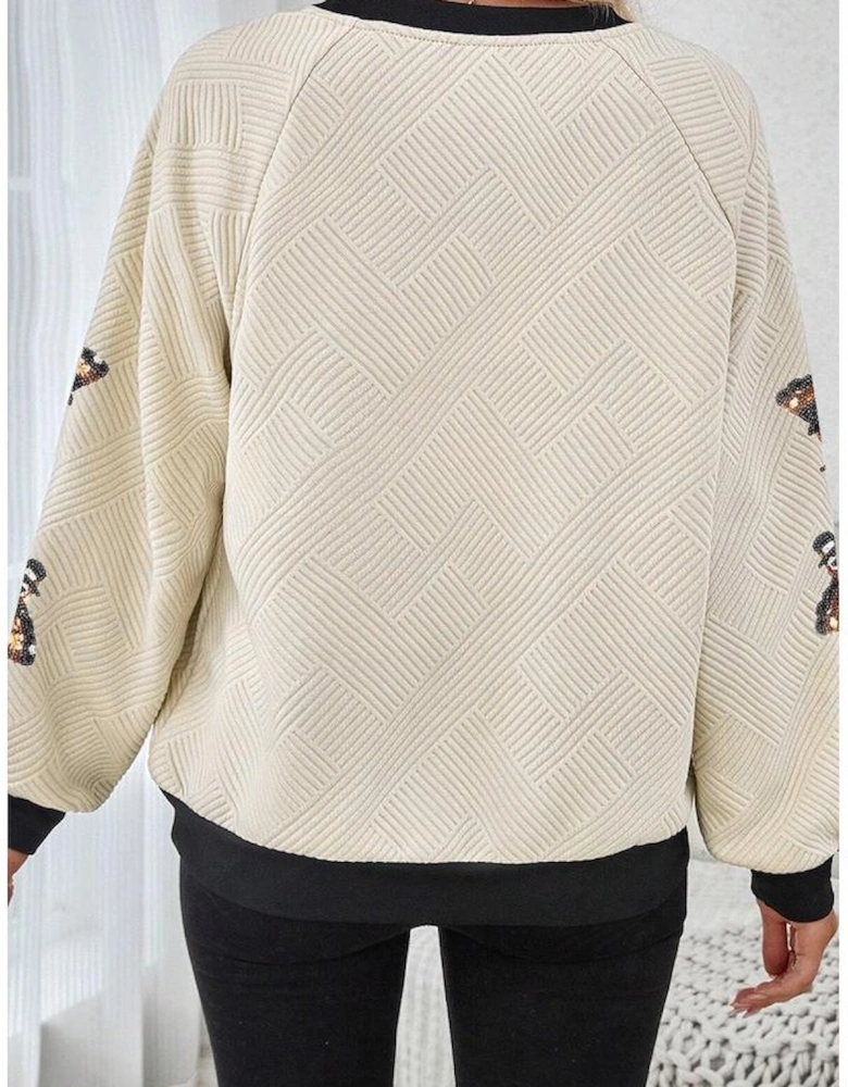 Jet Stream Textured Colorblock Edge Sequin Turkey Graphic Long Sleeve Top