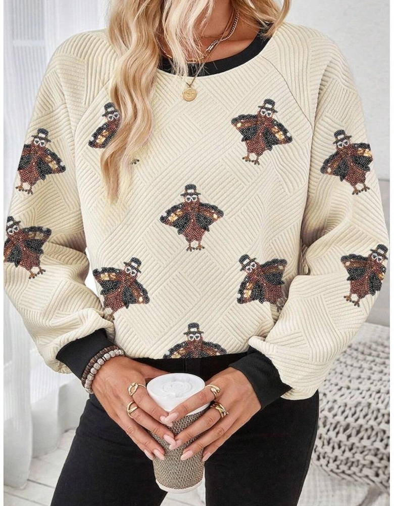 Jet Stream Textured Colorblock Edge Sequin Turkey Graphic Long Sleeve Top