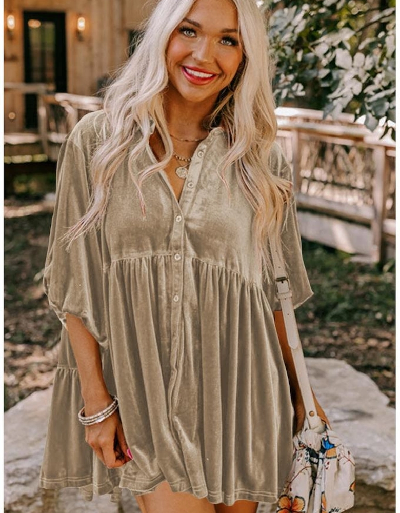 Azura Exchange Pale Khaki 3/4 Sleeve Tunic Babydoll Velvet Shirt