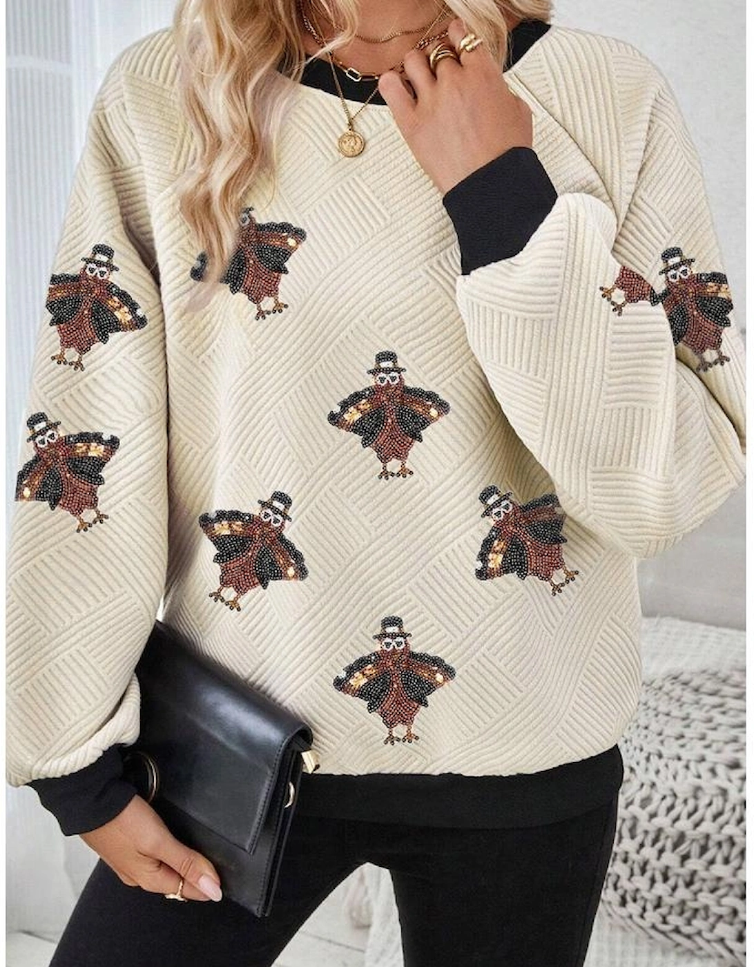 Jet Stream Textured Colorblock Edge Sequin Turkey Graphic Long Sleeve Top