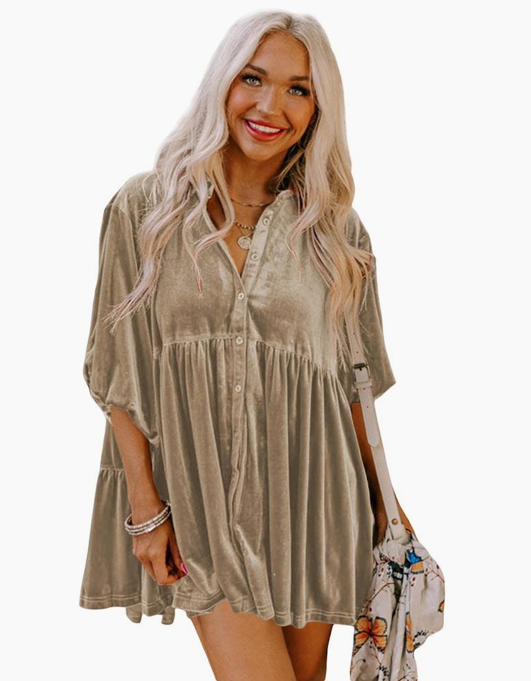 Azura Exchange Pale Khaki 3/4 Sleeve Tunic Babydoll Velvet Shirt