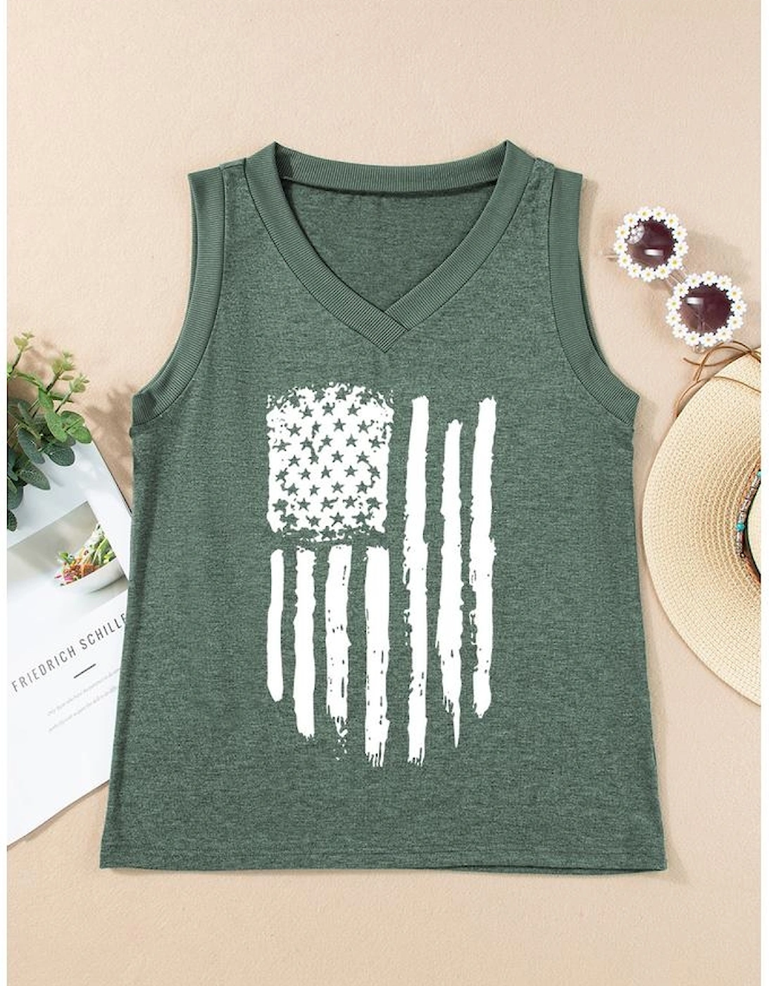 Mist Green Frayed American Flag Printed V Neck Tank Top