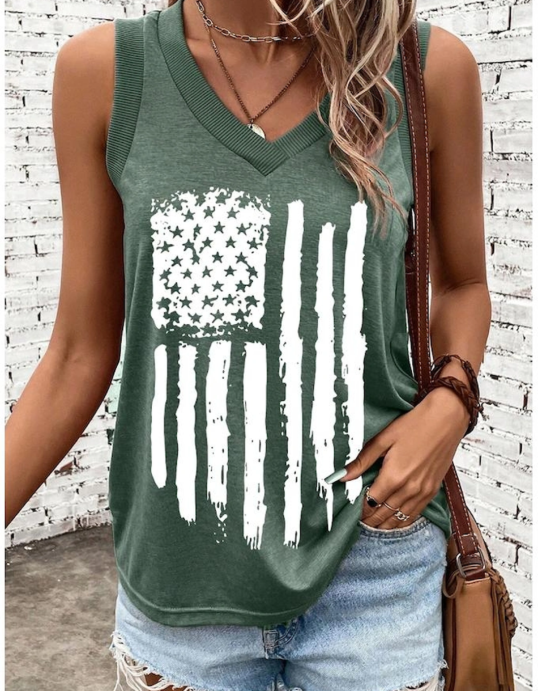 Mist Green Frayed American Flag Printed V Neck Tank Top, 7 of 6